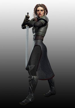 Gümüş Ortaçağ Zırhlı ve Zincirli Kadın Şövalye