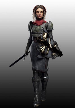 Gümüş Ortaçağ Zırhlı ve Zincirli Kadın Şövalye