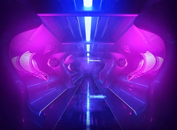 Sci Cyberpunk Hallway Space Ship Space Station Neon — стокове фото