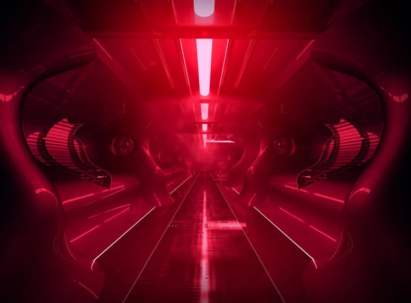Hall Science Fiction Cyberpunk Sur Vaisseau Spatial Station Spatiale Rouge — Photo