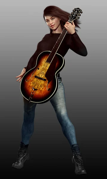 Teen Girl Jeans Maglione Nero Con Chitarra — Foto Stock