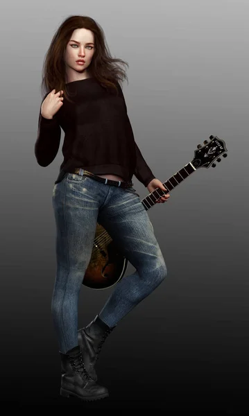 穿牛仔裤的少女和带吉他手的黑毛衣 — 图库照片