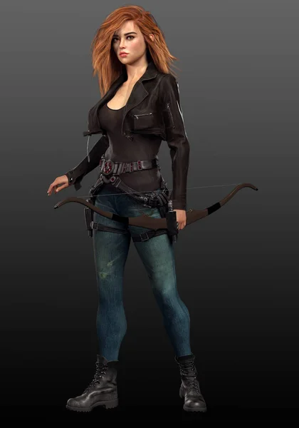 Urban Fantasy Archer Fille Femme Aux Cheveux Rouges — Photo