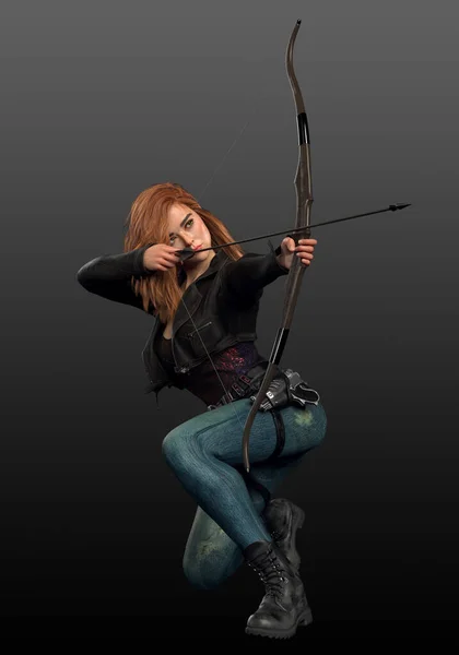 Urban Fantasy Archer Girl Woman Red Hair — Stock Photo, Image