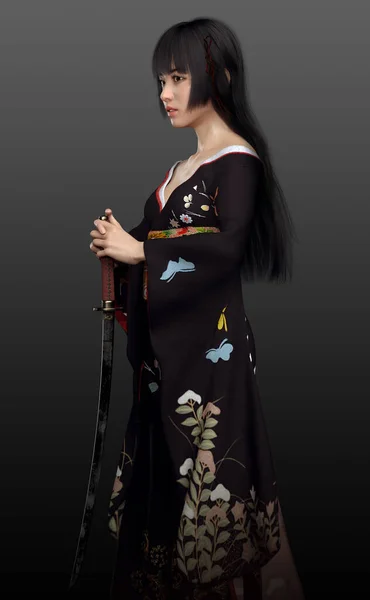 Девушка Азиатка Чёрном Кимоно — стоковое фото
