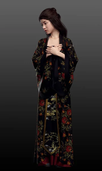 Teini Ikäinen Aasialainen Tyttö Musta Kimono — kuvapankkivalokuva