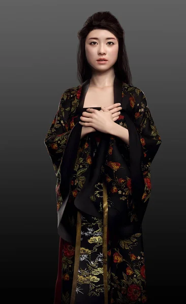 Adolescente Menina Asiática Preto Kimono — Fotografia de Stock