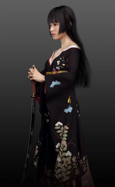 Teen Asian Girl in Black Kimono with Katana