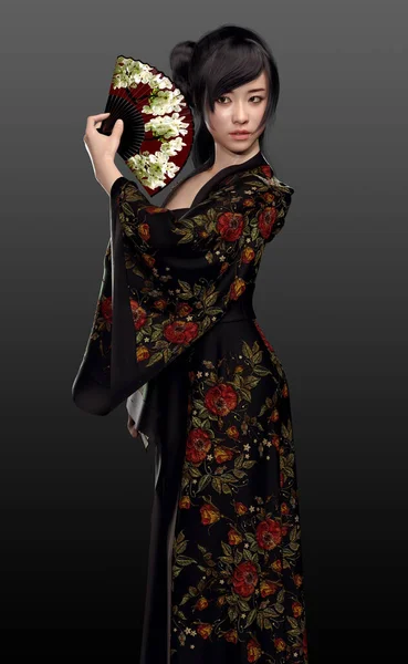 Adolescente Asiático Menina Preto Kimono Com Ventilador — Fotografia de Stock