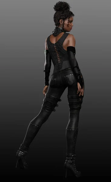 Urban Fantasy Black Leather Poc Guerreiro Assassino Mulher — Fotografia de Stock