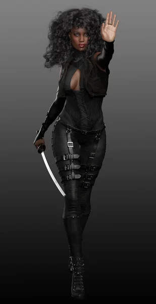 Urban Fantasy Cuir Noir Poc Guerrier Assassin Femme — Photo