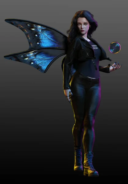 Urban Fantasy Fae with Butterfly Wings in Black Leather