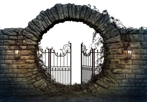 Круглые Лунные Ворота Железным Забором Каменной Стене — стоковое фото