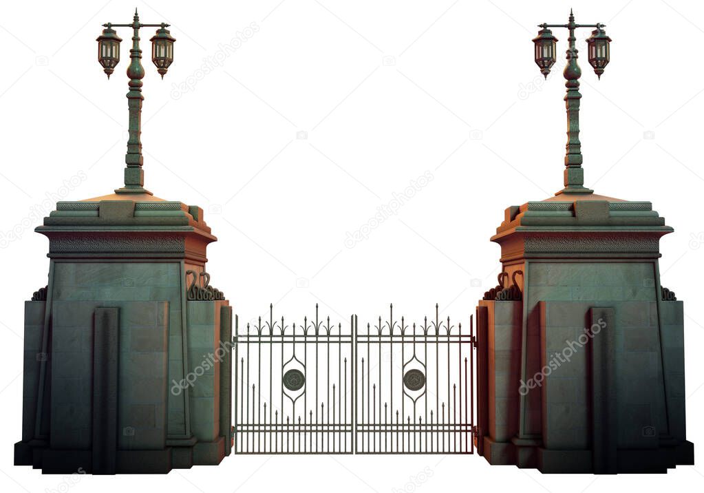 Fantasy Wrought Iron Gate with Lamppost Columns