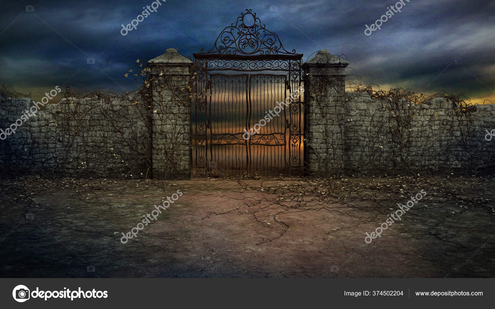 Fantasy Wrought Iron Gate Stone Wall Stock Photo by ©Ravven 374502204