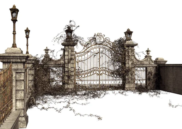 Каменная Стена Декоративными Железными Воротами Светильниками — стоковое фото