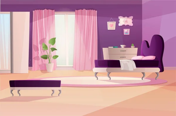 Girl Bedroom Interior Pink Violet Colors Vector Cartoon Teenager Room — Stock Vector