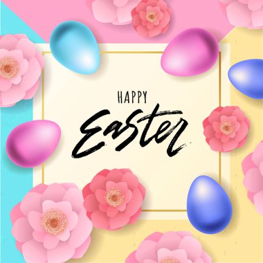 Altın gerçekçi ester yumurtalarıyla dolu mutlu Paskalya mektupları. Vektör tipografisi. Pascha logosu, promosyon, poster, el ilanı, makale, kartpostal, web pankartı, davetiye şablonu.