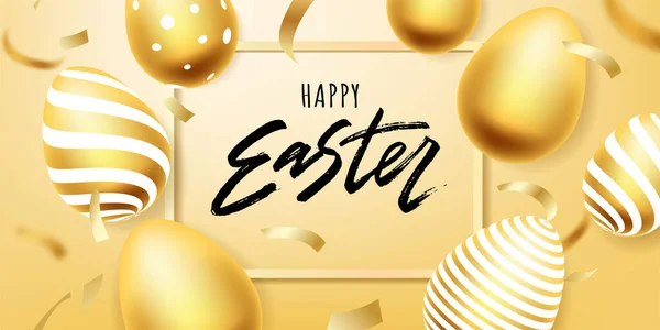 Happy Easter Hand Lettering Gold Realistic Looking Ester Eggs Vector — Stock Vector