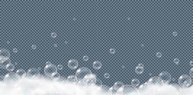 Şeffaf arkaplanda sabun köpüğü izole edilmiş. Gerçekçi görünümlü vektör çizimi.