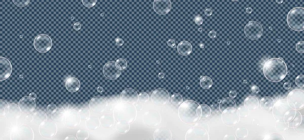 Burbujas Espuma Jabón Aisladas Sobre Fondo Transparente Ilustración Vectorial Realista — Vector de stock
