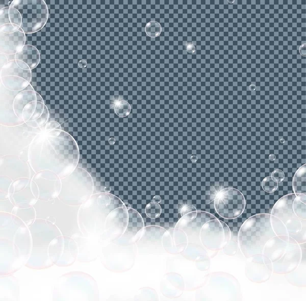 Mýdlová pěna bubliny izolované na průhledném pozadí. Realistická vektorová ilustrace. — Stockový vektor