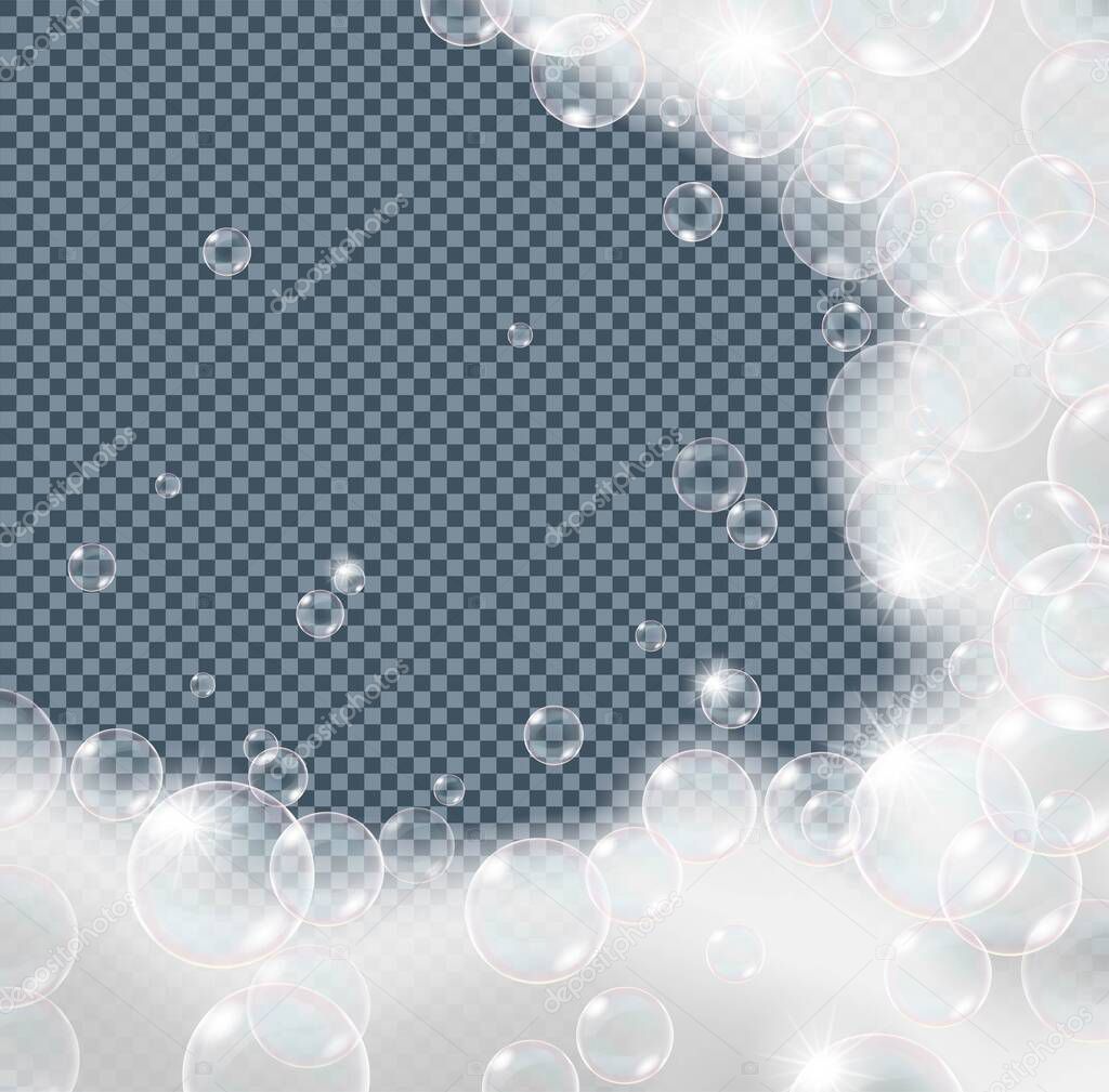 Soap or shampoo foam bubbles isolated on transparent background. Realistic looking vector illustration.
