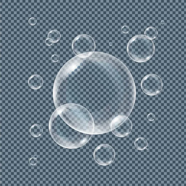 Реалістичне Водяне Мило Або Бульбашки Шампуню Веселковим Відображенням Прозорому Фоні — стоковий вектор