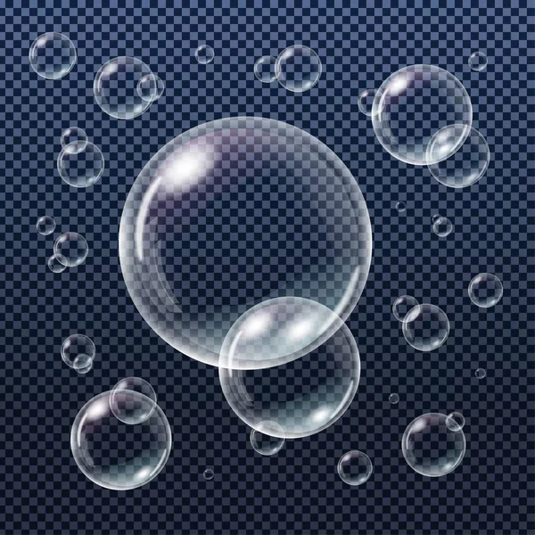 Realistické Vodní Mýdlo Nebo Šampon Bubliny Duhovým Odrazem Průhledném Pozadí — Stockový vektor