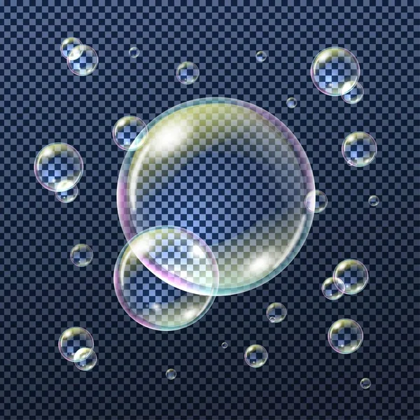 Bulles Savon Eau Réalistes Avec Réflexion Arc Ciel Isolées Sur — Image vectorielle