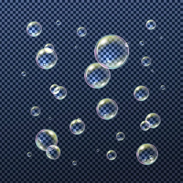 Savon Eau Réaliste Bulles Shampooing Avec Réflexion Arc Ciel Sur — Image vectorielle