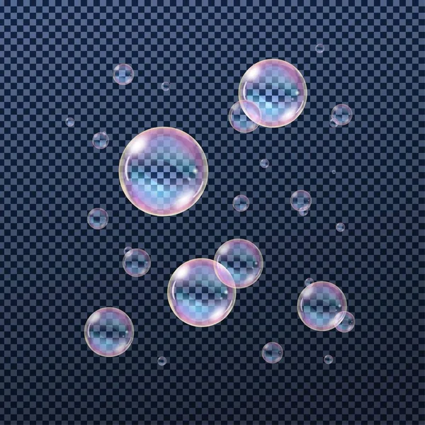 Реалистичное Водяное Мыло Пузырьки Шампуня Радужным Отражением Прозрачном Фоне — стоковый вектор