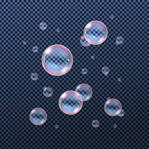 Savon Eau Réaliste Bulles Shampooing Avec Réflexion Arc Ciel Sur — Image vectorielle