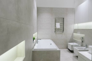 Modern banyo tasarımı, tuvalet, bide, küvet gibi minimalist tasarımlar.
