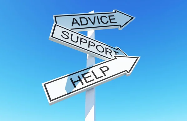Έννοια Συμβουλές Λευκό Ξύλο Οδικών Είσοδος Συμβουλές Υποστήριξη Και Βοηθήσει — Φωτογραφία Αρχείου