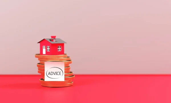 Real Estate Advice Concept Red Toy House Moedas Coloridas Ouro — Fotografia de Stock