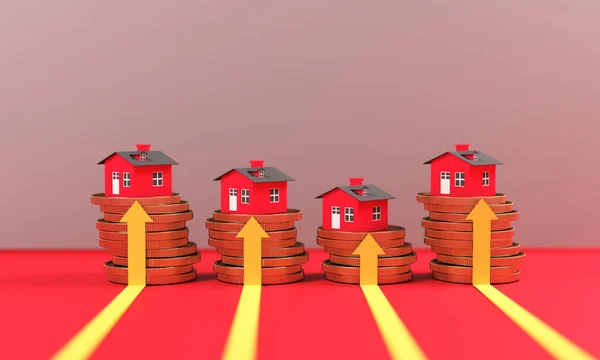 Kırmızı Oyuncak Evler Sarı Oklar Satış Analizi Odaklanmış Resim Kopyalama — Stok fotoğraf