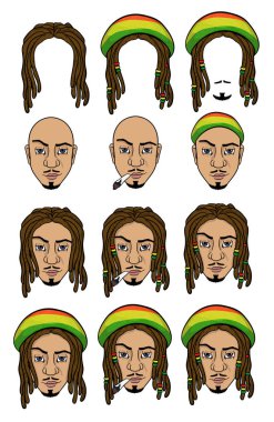  Rastalı saç ve kafa seti. Rastaman kültürü. Beyaz arka planda izole edilmiş vektör..