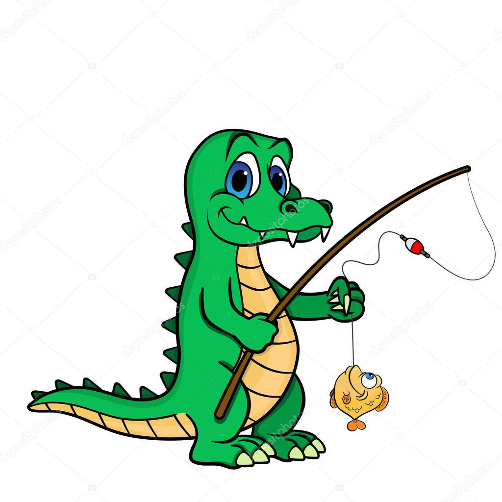   cartoon crocodile with fishing rod, mascot fishing store.vector isolated on white background. stock illustration