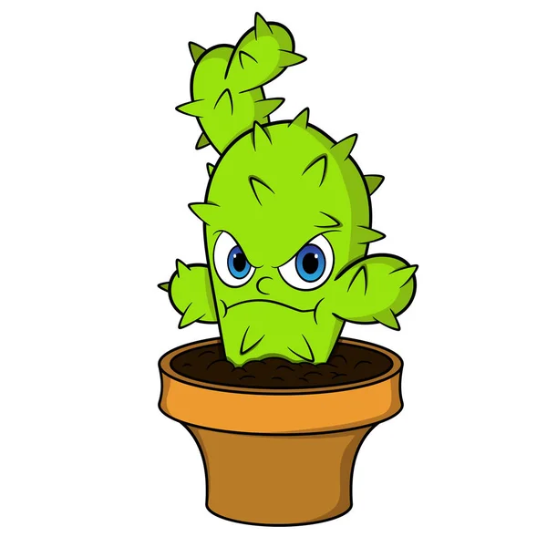 Cactus Verde Dibujos Animados Enojado Una Olla Isolated Vector Fondo — Vector de stock
