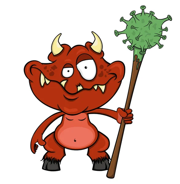 Monster Devil Holds Baton Coronavirus Cartoon Vector Isolated White Background — Stock Vector