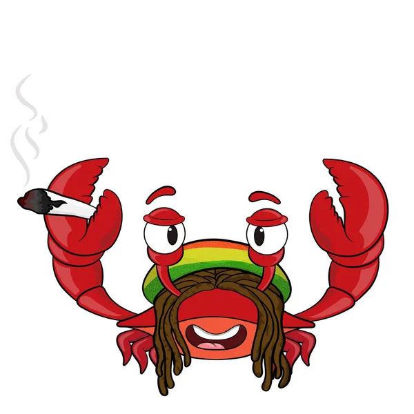 Funny Cartoon Crab Rastaman Wig Dreadlocks Isolated White Background Vector — Stock Vector