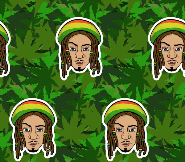 Rastaman Head Seamless Pattern Hemp Leaves Background Vector Stock Illustration — 스톡 벡터