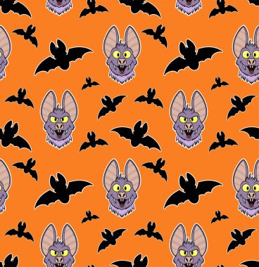  Çizgi film yarasalarıyla kusursuz desen. Turuncu arka planda bir vektör. Stok illüstrasyonu