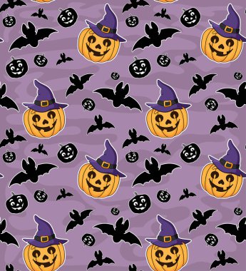  Cadılar Bayramı için Vedma şapkalı balkabağı desenli kusursuz desen. Mor arka planda bir vektör. Stok illüstrasyonu