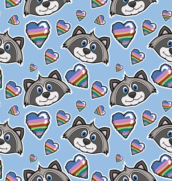 Seamless Pattern Raccoons Multicolored Hearts Blue Background Stock Illustration — Stock Vector