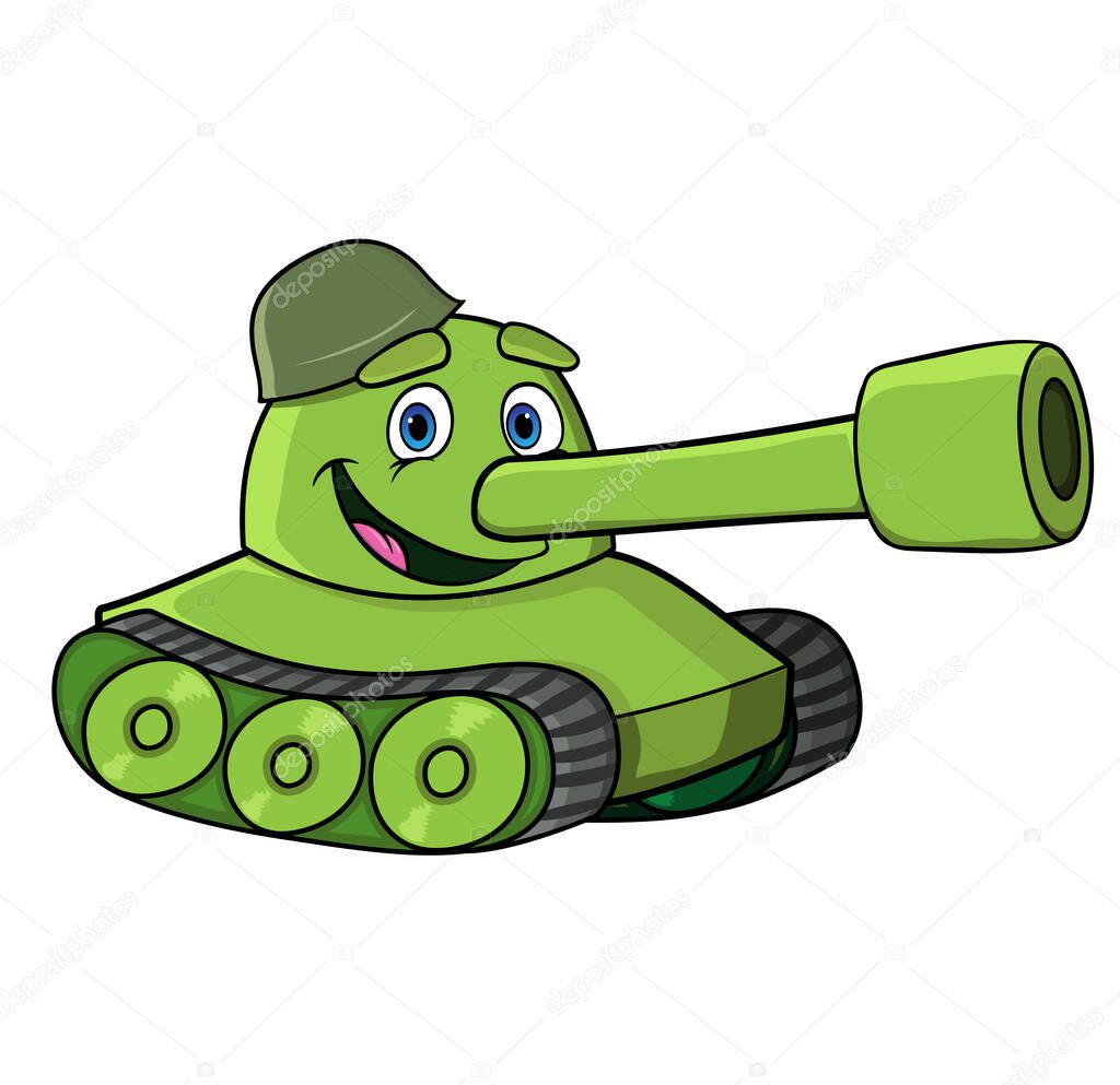  Cartoon tank with a face in a helmet smiles happily. Vector image. isolated on white background