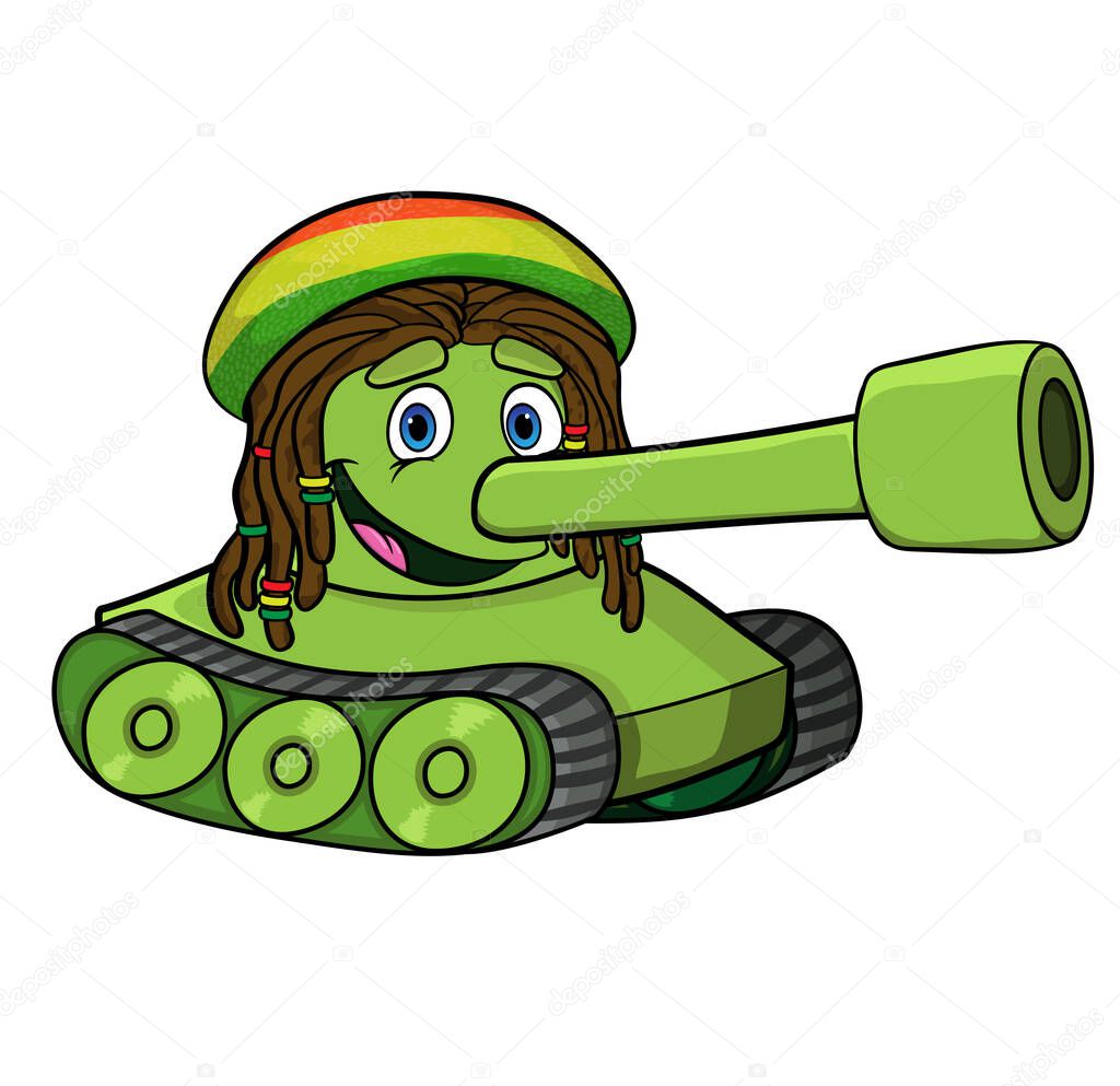  cartoon tank with dreadlocks and in Rasta hat smiling. Vector image. isolated on white background