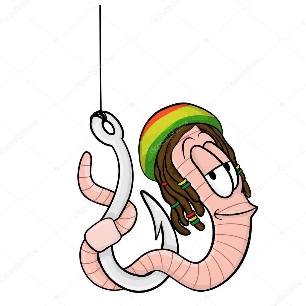  cartoon worm on a hook with dreadlocks and a rasta hat.isolated on a white background.Vector stock illustration
