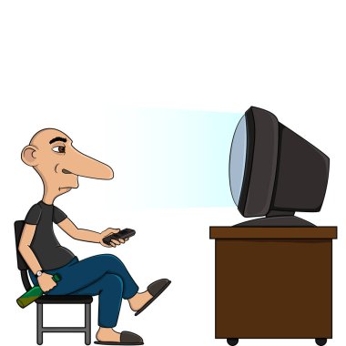  Uzaktan kumandalı televizyonun önünde oturan ve ellerinde bira şişesi olan bir çizgi film adamı. Beyaz bir arka planda izole edilmiş. hisse vektör illüstrasyonu